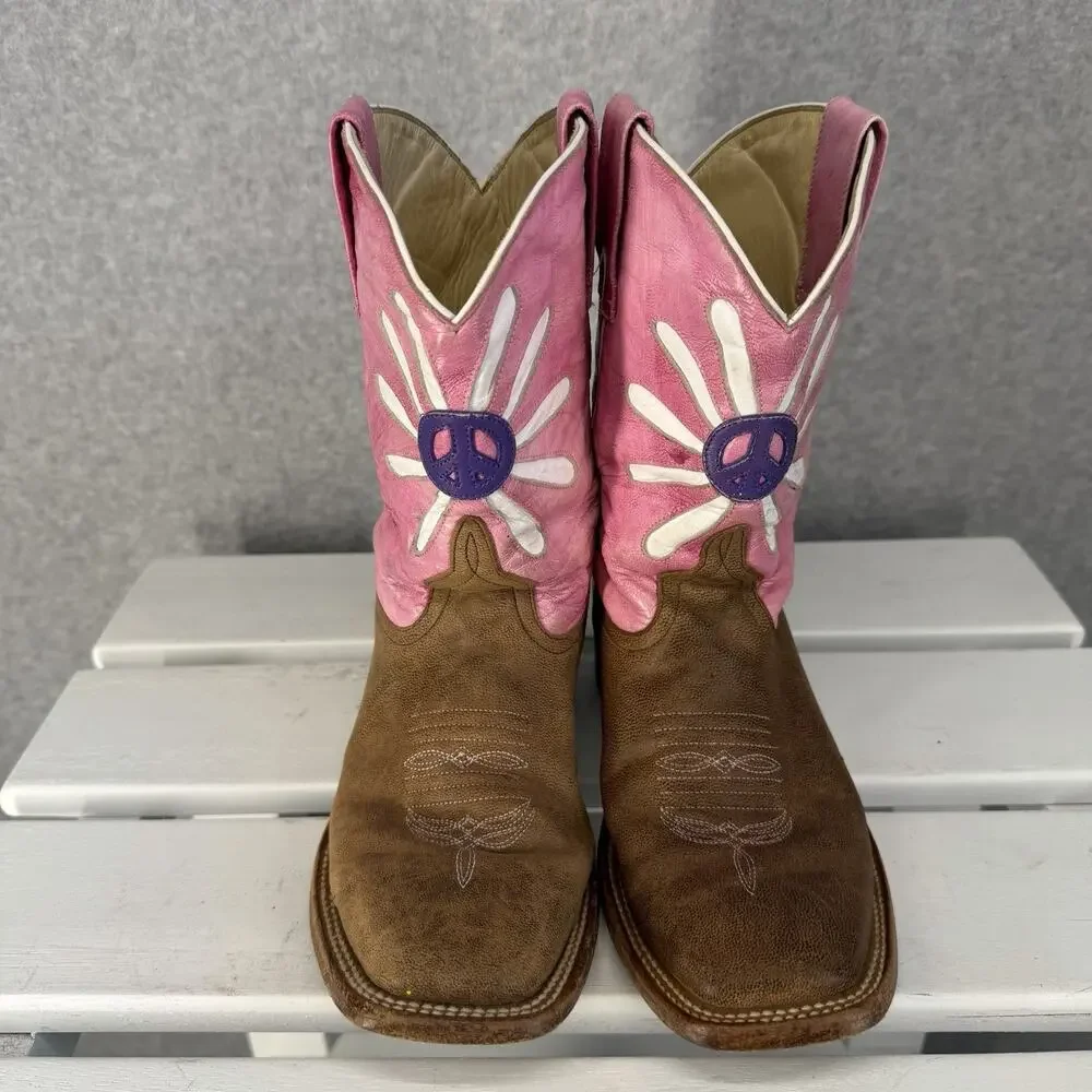 Anderson Bean Horse Power Western Boots Girls 3 Pink Floral Square Toe